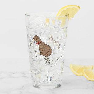 Happy jumping kiwi with bow tie cartoon design glass