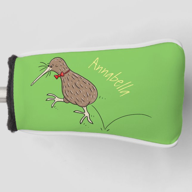 Happy jumping kiwi with bow tie cartoon design golf head cover (Front)