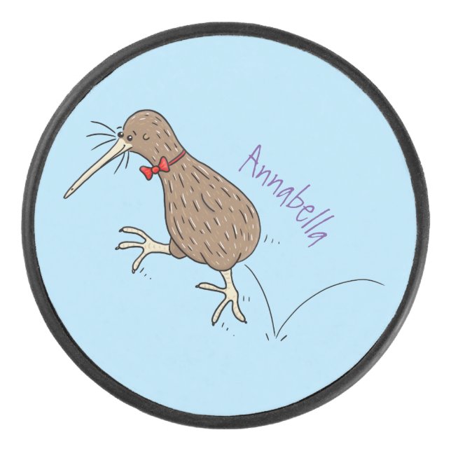 Happy jumping kiwi with bow tie cartoon design hockey puck (Front)