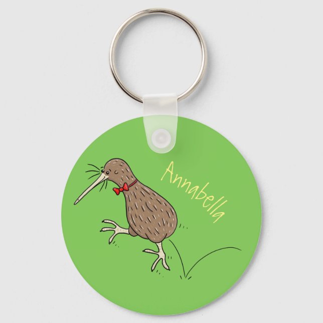 Happy jumping kiwi with bow tie cartoon design key ring (Front)