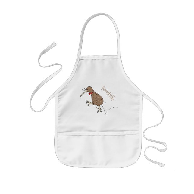 Happy jumping kiwi with bow tie cartoon design kids apron (Front)