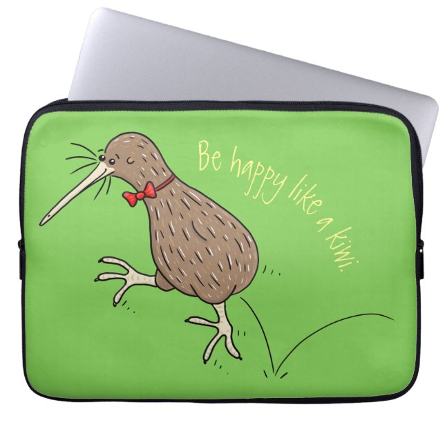 Happy jumping kiwi with bow tie cartoon design laptop sleeve (Front)