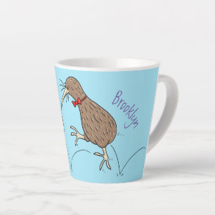 Happy jumping kiwi with bow tie cartoon design latte mug