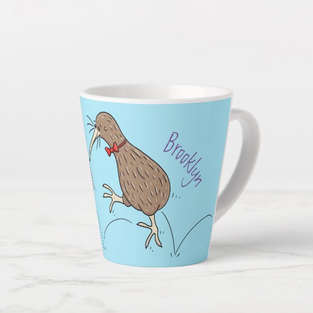 Happy jumping kiwi with bow tie cartoon design latte mug (Right Angle)