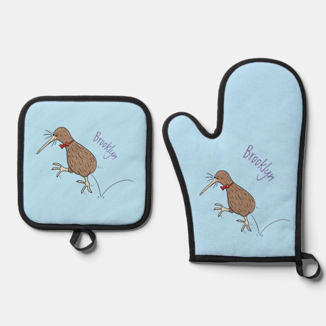 Happy jumping kiwi with bow tie cartoon design oven mitt & pot holder set (Front)