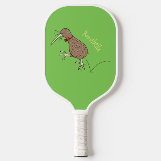 Happy jumping kiwi with bow tie cartoon design  pickleball paddle (Front)