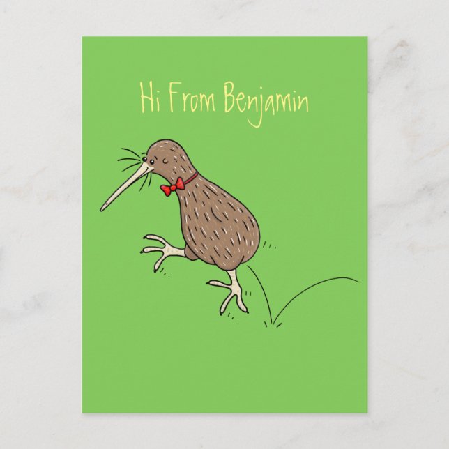 Happy jumping kiwi with bow tie cartoon design postcard (Front)