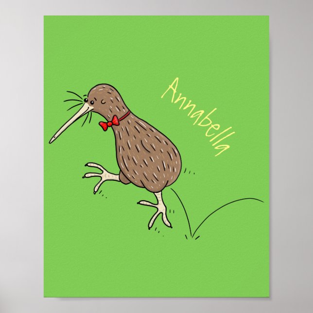 Happy jumping kiwi with bow tie cartoon design poster (Front)