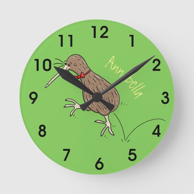 Happy jumping kiwi with bow tie cartoon design round clock (Front)