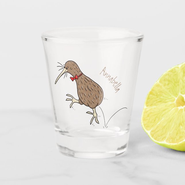 Happy jumping kiwi with bow tie cartoon design shot glass (Front)