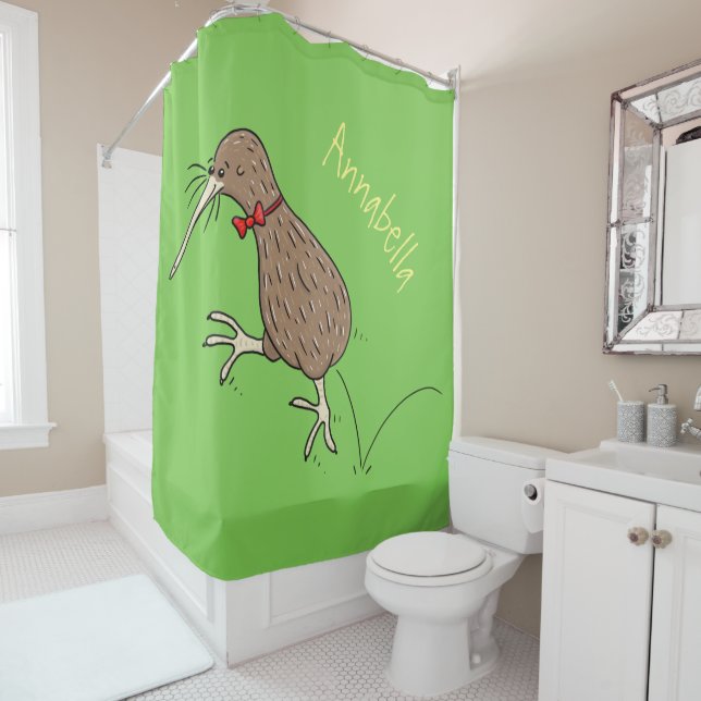 Happy jumping kiwi with bow tie cartoon design shower curtain (In Situ)