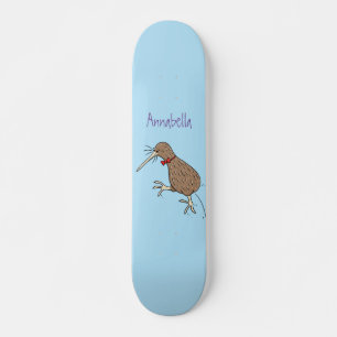 Happy jumping kiwi with bow tie cartoon design skateboard