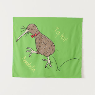 Happy jumping kiwi with bow tie cartoon design  tapestry