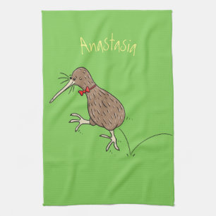 Happy jumping kiwi with bow tie cartoon design tea towel