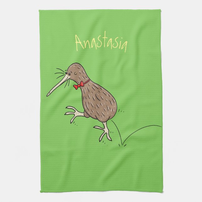 Happy jumping kiwi with bow tie cartoon design tea towel (Vertical)