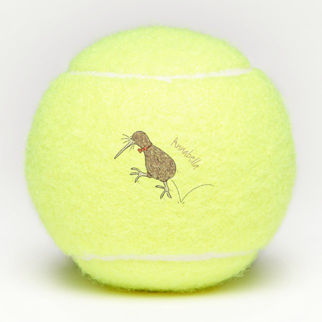 Happy jumping kiwi with bow tie cartoon design tennis balls (Front)