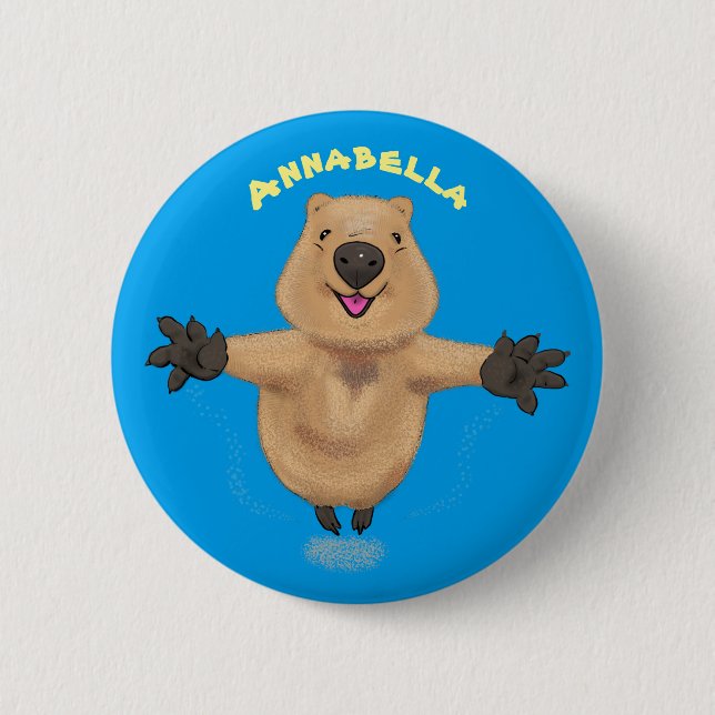 Happy jumping quokka cartoon design 6 cm round badge (Front)