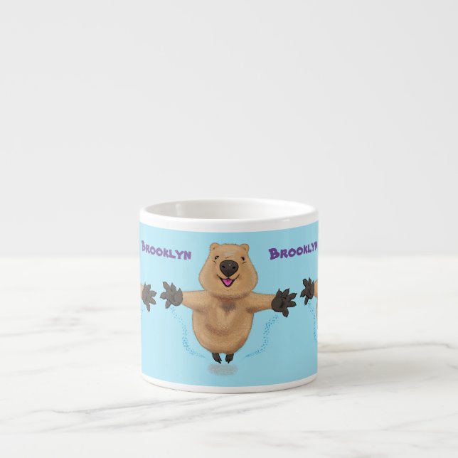 Happy jumping quokka cartoon design espresso cup (Front)
