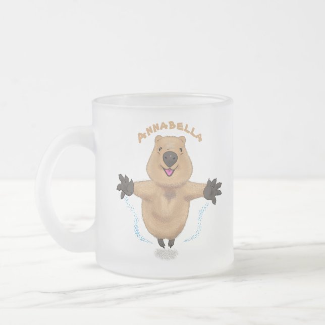 Happy jumping quokka cartoon design frosted glass coffee mug (Left)