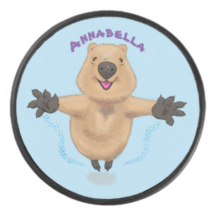 Happy jumping quokka cartoon design hockey puck