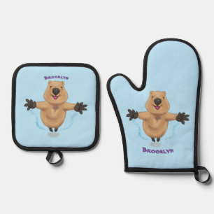 Happy jumping quokka cartoon design oven mitt & pot holder set