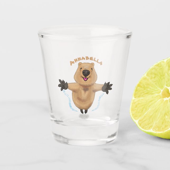 Happy jumping quokka cartoon design shot glass (Front)