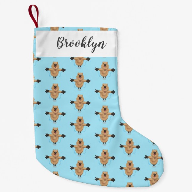 Happy jumping quokka cartoon design small christmas stocking (Front)