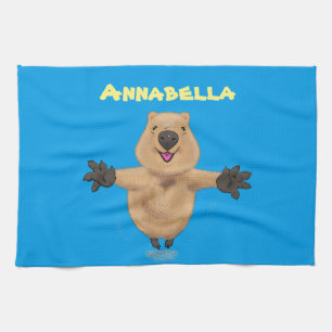 Happy jumping quokka cartoon design tea towel