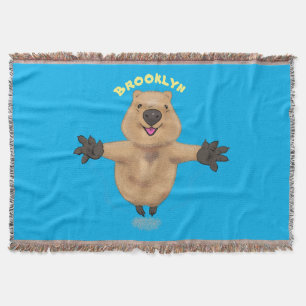 Happy jumping quokka cartoon design throw blanket