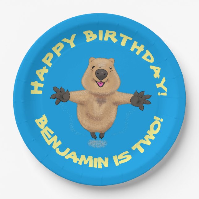 Happy jumping quokka personalised cartoon birthday paper plate (Front)