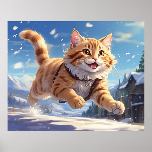 *~* Happy Jumping Snow Kitty 5:4  Kitten Cat AP68 Poster (Front)
