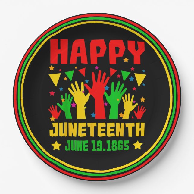 Happy Juneteenth Black Red Green Yellow Hands Paper Plate (Front)