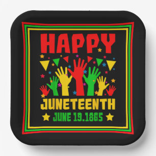 Happy Juneteenth Black Red Green Yellow Hands  Paper Plate