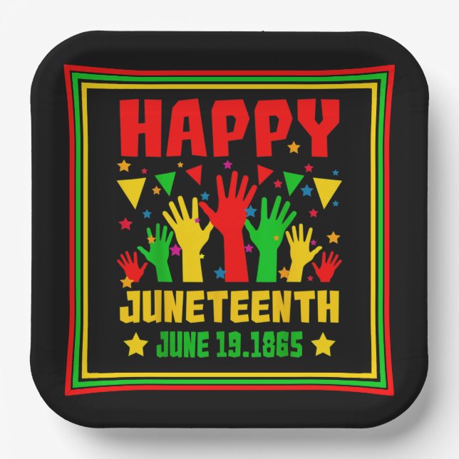 Happy Juneteenth Black Red Green Yellow Hands  Paper Plate (Front)