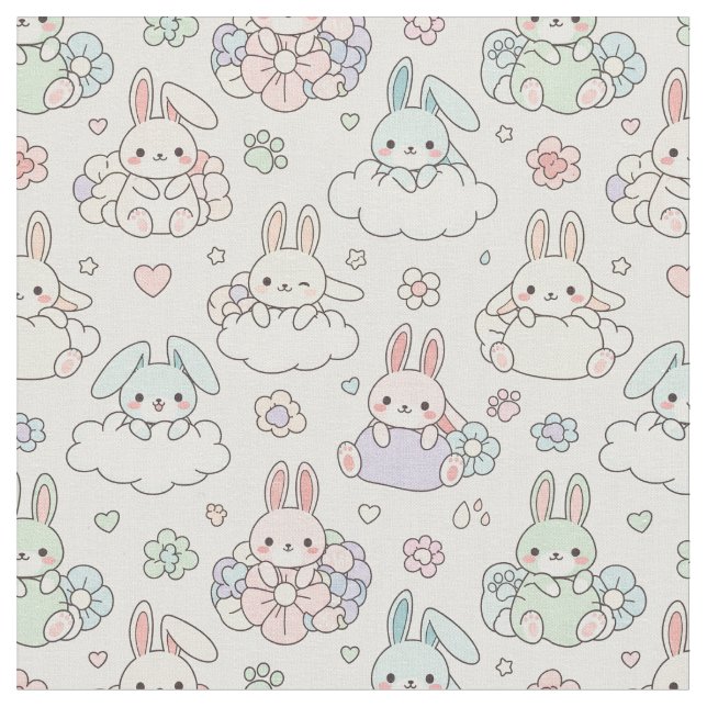 Happy Kawaii Bunny Fabric (Close Up)