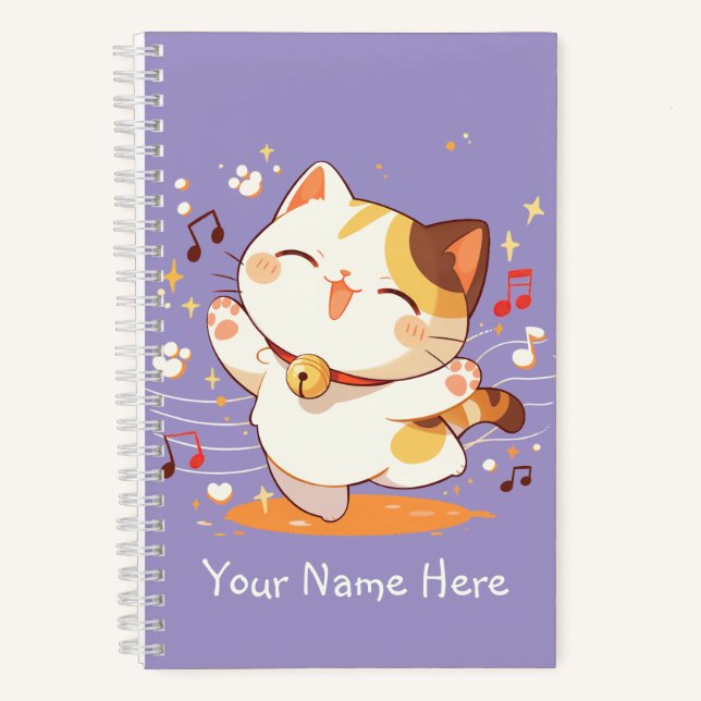 Happy Kawaii Calico Cat Dancing to Music Notebook (Front)