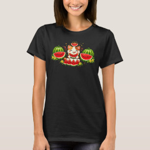 Happy Kawaii Cat with Watermelon Illustration T-Shirt