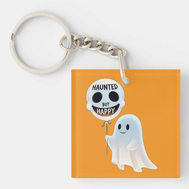 Happy Kawaii Ghost with Skull Balloon Key Ring (Front)