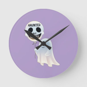 Happy Kawaii Ghost with Skull Balloon Round Clock