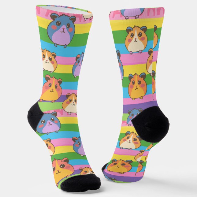 Happy Kawaii Hamsters - Playful Stripes Rainbow Socks (Angled)