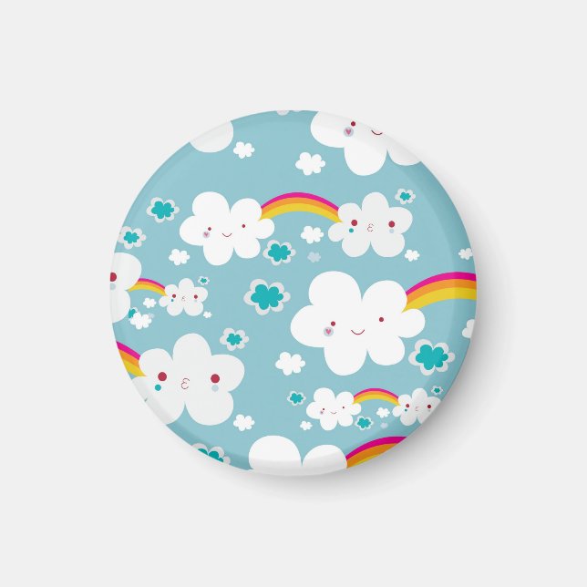 happy kawaii rainbow and cloud sky pattern magnet (Front)