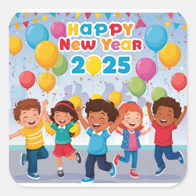 Happy Kids Dancing for New Year 2025 🎉 Square Sticker (Front)