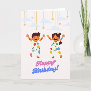 Happy Kids Jumping Birthday Card - Twins Siblings