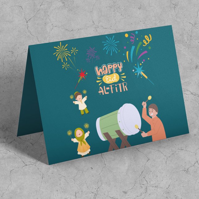 Happy Kids Play Fireworks Celebrate Eid Mubarak Card (Creator Uploaded)