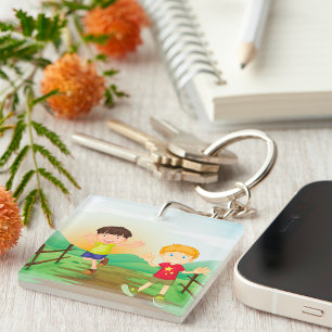 Happy Kids Playing Outdoors Key Ring
