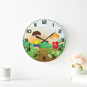 Happy Kids Playing Outdoors Large Clock