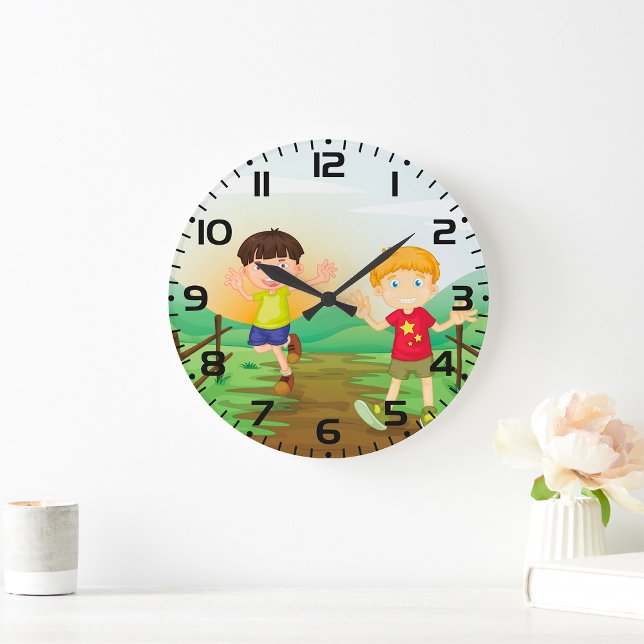 Happy Kids Playing Outdoors Large Clock (Creator Uploaded)