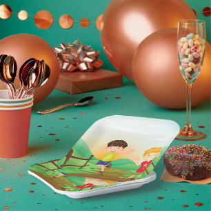 Happy Kids Playing Outdoors Paper Plate