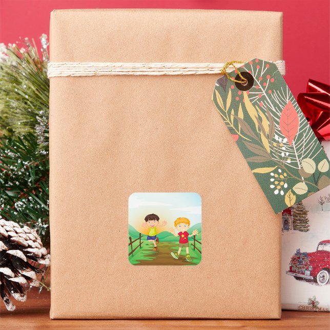 Happy Kids Playing Outdoors Square Sticker (Creator Uploaded)