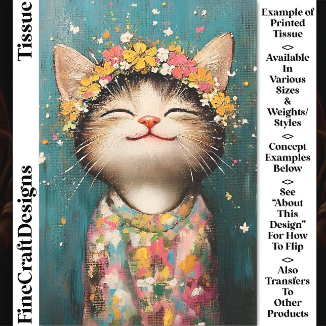 Happy Kitten Cat, Flower Crown, Pink CQ8 Decoupage Tissue Paper (Creator Uploaded)